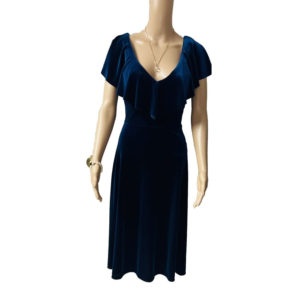 June & Hudson Nordstrom Blue Velvet V-Neck Dress Size Medium See Description